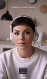 a woman with headphones on and looking up