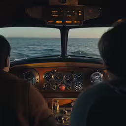 a couple of men sitting in the cockpit of a plane