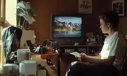 a woman sits in a chair with her hand over a paper while looking at a video screen