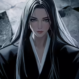 a girl dressed in black with long hair standing next to a rock wall