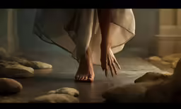 a woman is standing on rocks in a room
