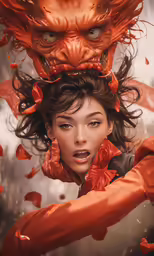 an asian woman with large red flowers is posing