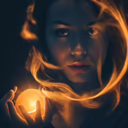 a woman is holding an orange lit ball in front of her face
