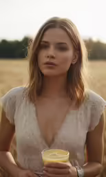 the woman in a dress stands in a wheat field holding an orange