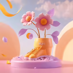 a pair of shoes with a flower arrangement in the center
