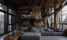 a living room with open windows with a couch and various decorations