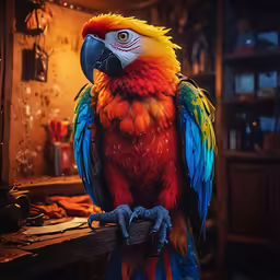 a red and blue parrot sitting on a wooden perch