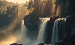 the fog is shining over the waterfalls and trees