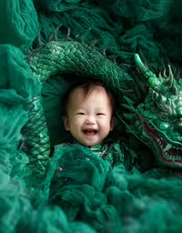 a baby sitting inside of green fake fire dragon,a smiling child and green dragon