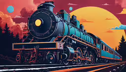 the large train engine is on the tracks near some trees,a very cute looking train on the tracks