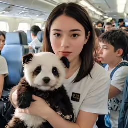 a woman holding a panda bear in front of other people