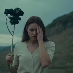 woman holding a camera on top of her head with the lights on