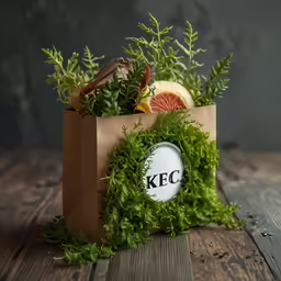 a small paper bag with greens on it filled with different types of fruit