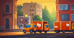 two trucks parked on the side of a road,two orange trucks traveling down a street in front of buildings
