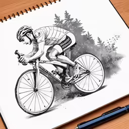 the drawing on the paper shows a person riding a bicycle