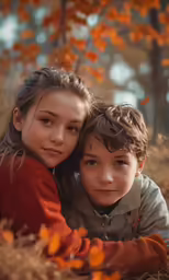 two children pose for the camera under a tree