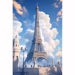 a painting of a eiffel tower, the sky is blue and clouds are white
