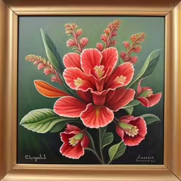 /tmp/FOOqcz5Fi.jpg = a picture of a painting that has flowers
,/tmp/FOOqcz5Fi.jpg = a painting of a red flower on a green background
,/tmp/FOOqcz5Fi.jpg = a picture is painted using a gold frame and oil paints
,/tmp/FOOqcz5Fi.jpg = a painting with red flowers on it in a gold frame
,/tmp/FOOqcz5Fi.jpg = painting of flowers with golden frame on wall
,/tmp/FOOqcz5Fi.jpg = this is an oil painting of red flowers and leaves
,/tmp/FOOqcz5Fi.jpg = a painting of some pink flowers on a green background
