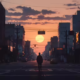 the man walking in the street towards the sunset