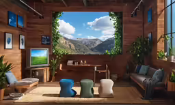 an interior view of a living area with an open window and the mountains behind it