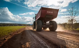 tractor going down dirt road in open area near large field