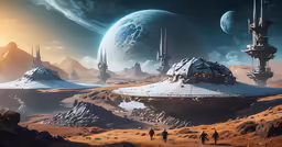 a sci - fi scene in the desert with a spaceship and a lot of distant stars