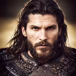 a male warrior with long hair and beard, wearing armor