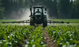 a tractor being sprayed by smoke in a green field