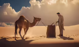 man on a camel trying to pull something in a bag