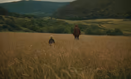 two people are standing in tall grass near mountains