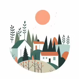 a red sun is in the sky above some houses