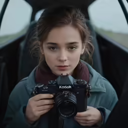 a woman standing in the back of a car holding a camera