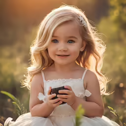 a little girl in a white dress looking at her phone