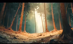 a foggy forest with sunlight in the middle