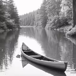 a canoe sits on the edge of a calm river