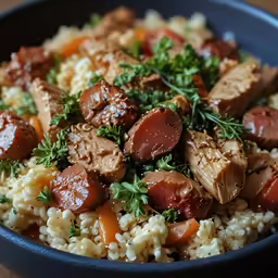 a bowl of rice covered in meat, vegetables and parsley