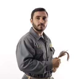 a man in uniform holding a feather and looking at the camera