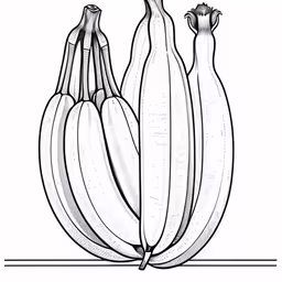 a black and white image of three bananas,a bunch of ripe bananas are sitting on the table