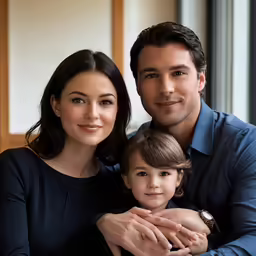 a young couple and a little kid are posing for a picture