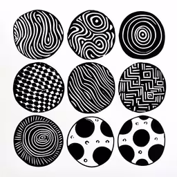 nine black and white circles are shown,six circles with various abstract designs