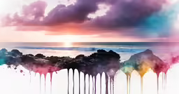 a series of watercolor paintings depicting the sunset and waves