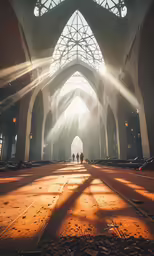 sunlight coming through the ceiling and shadows of people standing in a large cathedral