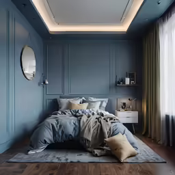 a large blue bedroom with wooden floors
