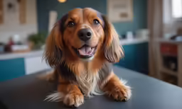 a dog is sitting on the counter looking happy
