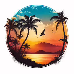 a tropical sunset with a bird in the air and mountains