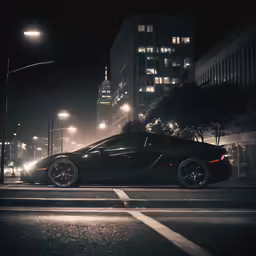 a car is stopped at a crosswalk at night