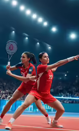 two women in red jerseys holding tennis racquets