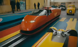 a yellow and orange train and a yellow car