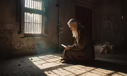 a woman in brown sits on the floor