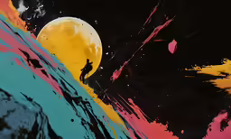 a painting that has a person riding a horse and a full moon behind it